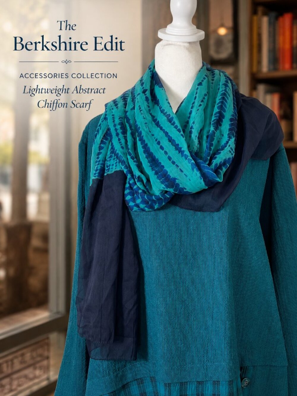 Blue Teal Abstract Chiffon Scarf Lightweight Wrap Shawl Boho Artisan
